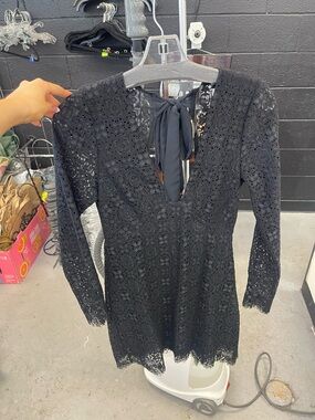 Free People Black Lace Long Sleeve Mini Dress with Tie Back Detail